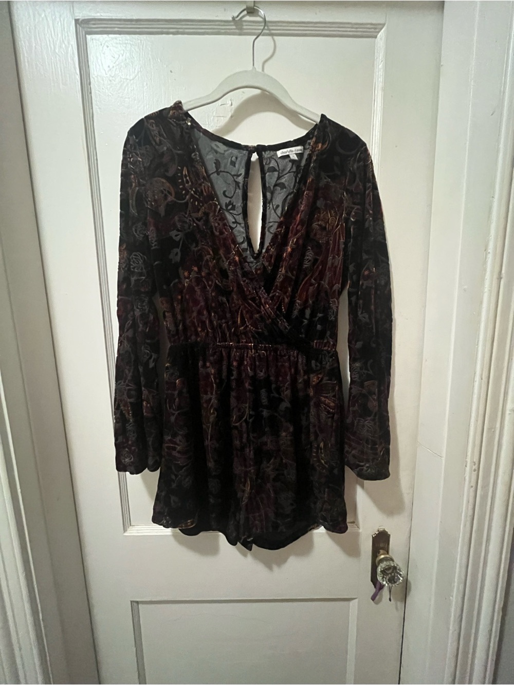 Charlotte Russe Velvet Floral Bell Sleeve Romper in Black and Burgundy